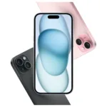 Apple iPhone 15, vaizdas iš šono, rodo kameros ir mygtukų išdėstymą