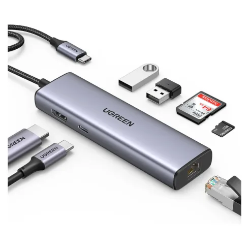 Tinklo įranga Ugreen USB-C to 2*USB3.0+HDMI+RJ 45+SD&TF+PD port Hub (90568)