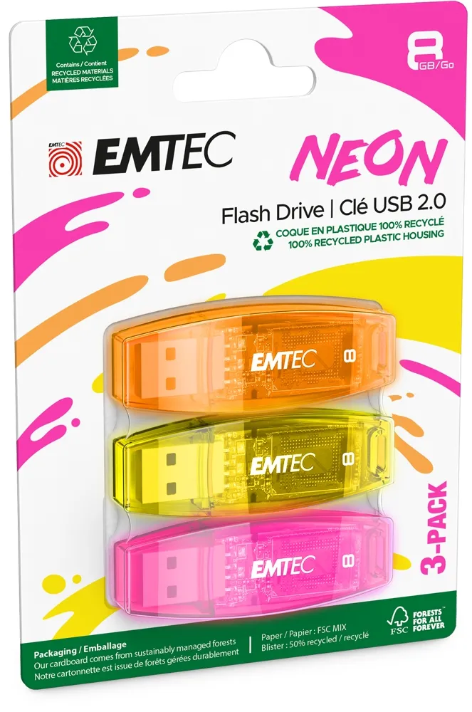mobilux-ecmmd8gc410p3ne Emtec USB2.0 C410 8GB Neon 3 pcs