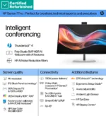 HP RENEW RENEW SILVER HP 727pm Series 7 Pro 4K Conferencing Monitor – 27″ 3840×2160 UHD 400-nit 60Hz AG, IPS Black HDR 400, USB-C(100W/15W)/HDMI/DP Daisy-Chain, 5x USB-A, speakers, 5MP webcam, RJ-45 LAN, height adjustable/tilt/swivel/pivot, 1 years