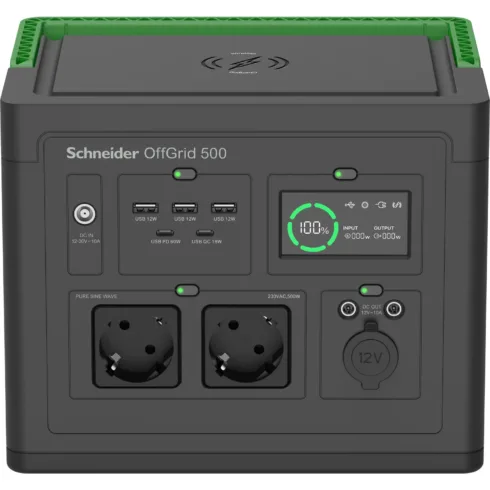 APC Schneider OffGrid Portable Power Station 500, 230V, 517Wh Lithium-ion, LCD, 2 CEE 7/3 Schuko outlets, Sinewave, 3 USB-A, 2 USB-C, Wireless Charger